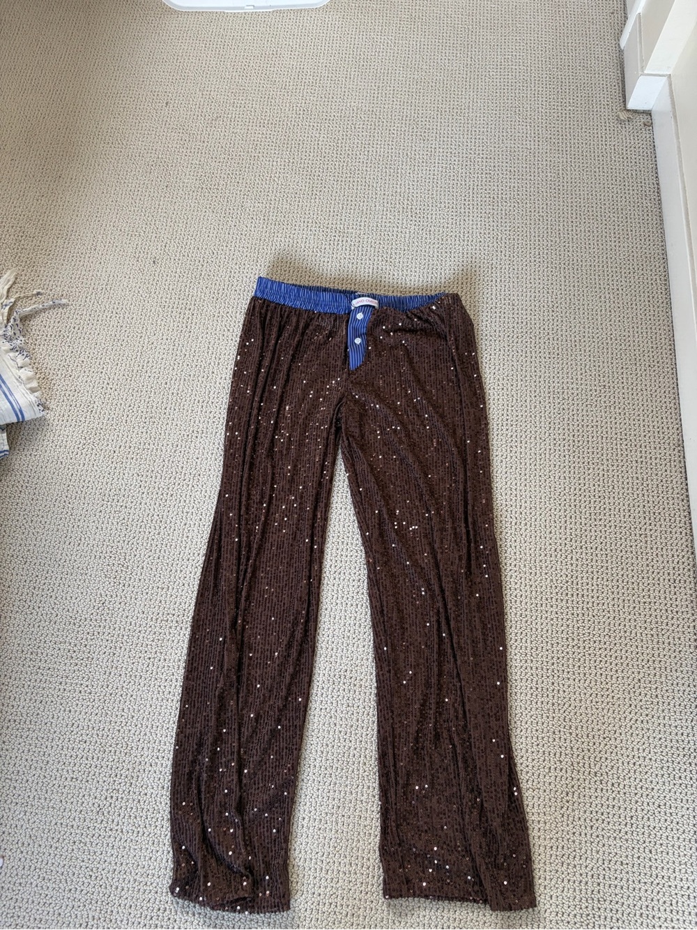 Hand Over ex-boyfriend Brown sequin Pants with Blue Waistband